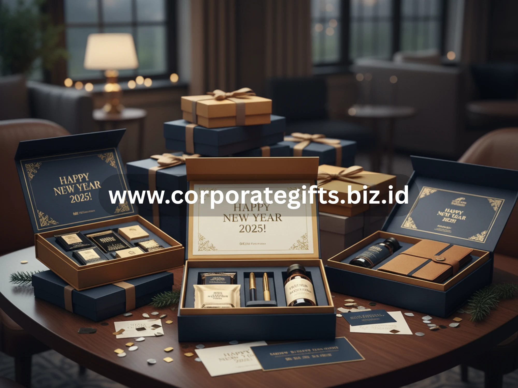 Gift box premium dengan kartu ucapan tahun baru dari perusahaan